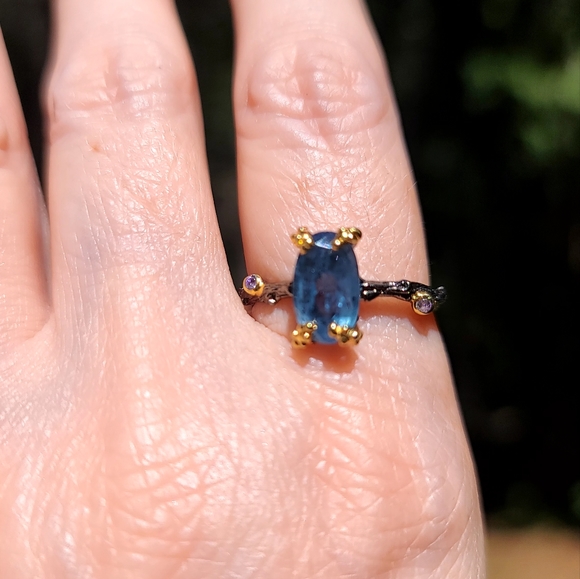 Kyanite & Amethyst elongated cushion cut STUNNING wreath sterling &gold ring sz9 - Picture 9 of 10